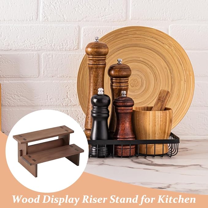 DICOSMETIC 2 Tier Wooden Display Risers Stand Display Shelves 4.72x6.42x3.94 Inch Rectangle Small Wood Table Cupcake Stand Spice Rack Organizer Coffee Perfume Organizer for Cabinet Home Wedding Party