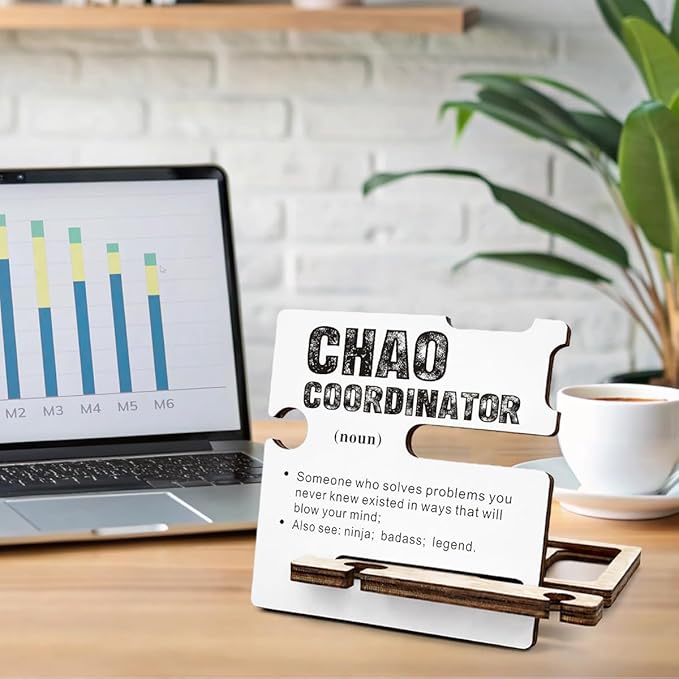 Inspirational Gifts for HR - Multi-functional Desk Organizer - Motivational Chao Coordinator Definition Office Quote Wooden Sign for Office Desk Shelf Decor