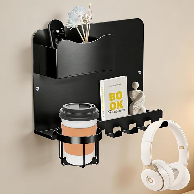 SPOKKI Floating Bedside Wall Shelf Organizer with Remote Control Holder;Metal Adhesive Wall Mount Nightstand Shelf for Bedroom;Dorm Room Essentials;Bed Shelf for Phone,Earphone,Kindle (Black)
