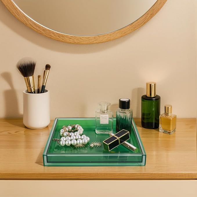 Creative Acrylic Decorative Tray, 10"x10" Modern Decorative Trays Jewelry Perfume Makeup Organizer Clear Square Bathroom Sink Vanity Tray for Bathroom, Vanity, Serving, Coffee Table, Living Room