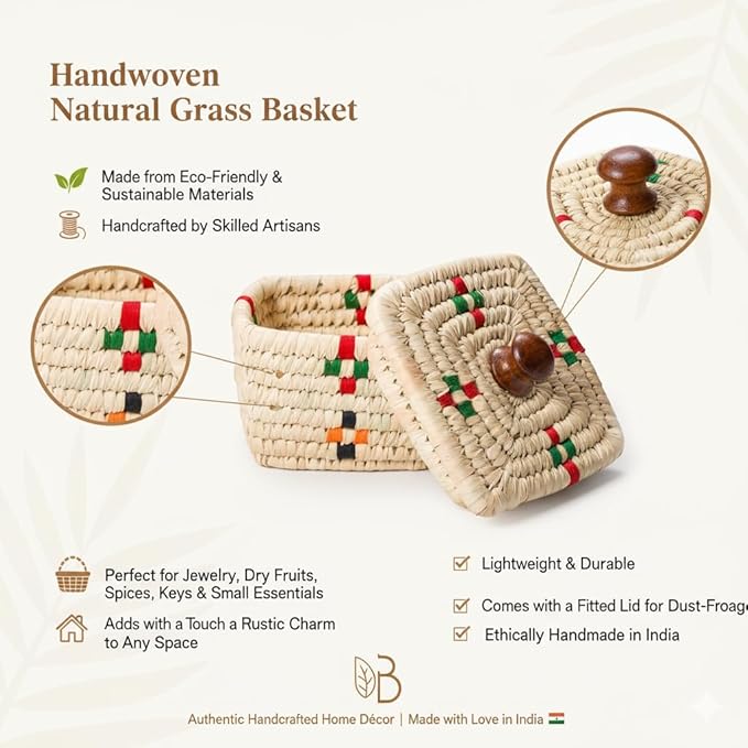 Handmade Sabai Grass Storage Box with Lid – Square Woven Decorative Organizer Basket for Home, Office & Tabletop