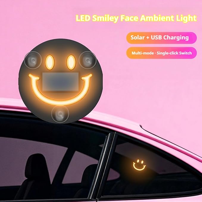 Solar Powered Car LED Ambient Light, Cute Neon Smiley Lights for Car Interior with 5 Modes, Wireless Auto Atmosphere Lamp for Back Window Decoration & Romantic Gifts (1)