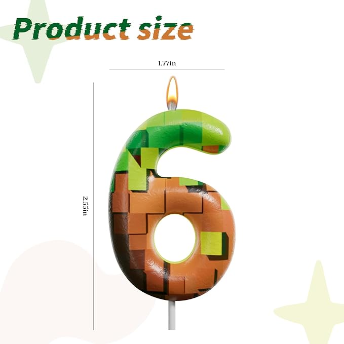 Pixel Miner Number Candle for Birthday Cake - 2.7 Inch Video Game Themed Party Decoration, Dynamite Style Cake Topper for Boys Girls Kids Anniversary Supplies(Retro Art, 6)