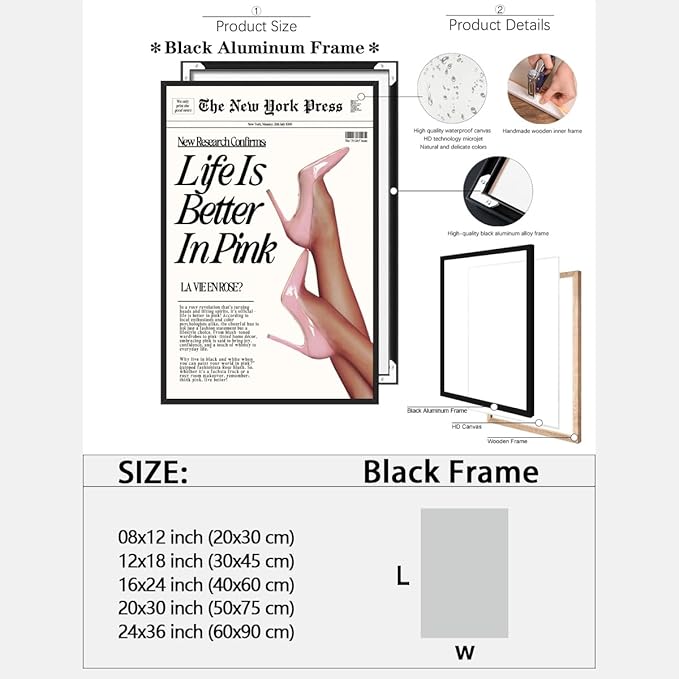 Trendy Baby Pink Poster 70s Canvas Prints The New York Press Wall Art Life Is Better in Pink Hot Girl Posters Preppy Aesthetic Decor Bedroom for Cool Girly Room Home Dorm 24x36inch black framed