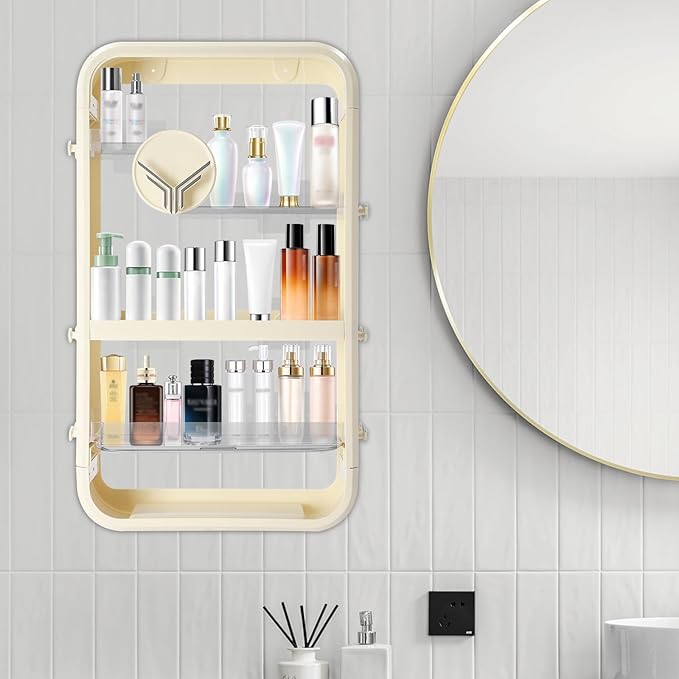 4 Tier Makeup Organizer Bathroom Storage Organizer Wall Mounted for Vanity Perfume Organizers Hangable Cosmetic Organizer Display Cabinet Skincare Storage Rack,Beige and Transparent