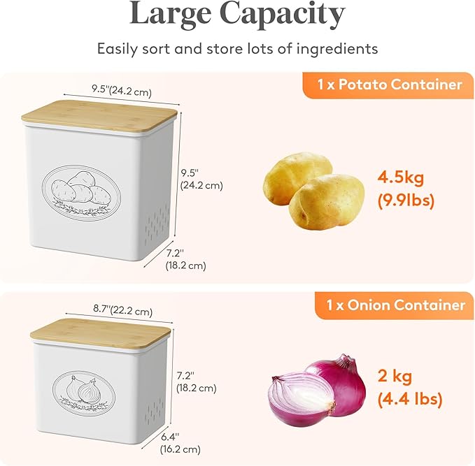 Lifewit Potato and Onion Storage Bin, Stackable Garlic Keeper with Aerating Holes and Lid, Plastic Vegetable Container Box for Pantry Countertop, White, 24 x 18 x 24 cm/9.5 x 7 x 9.5 inch, Set of 2