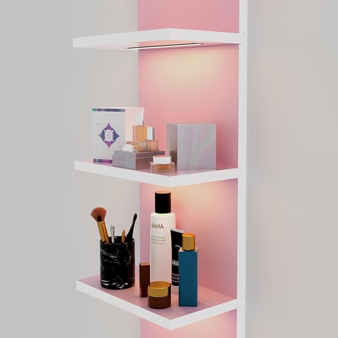 5 Tier Wall Shelves with LED Light, Vertical Column Shelf Floating Storage Home Decor Organizer Tall Tower Design Utility Shelf (Pink)