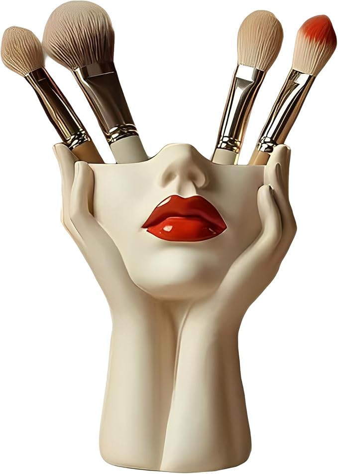 Women's Head Shape Boho Feminist Decoration Body Vase Head Vase Vintage Makeup Brush Holder Boho Makeup Organizer Rotating Makeup Organizer Idealized for Home Decor (D)