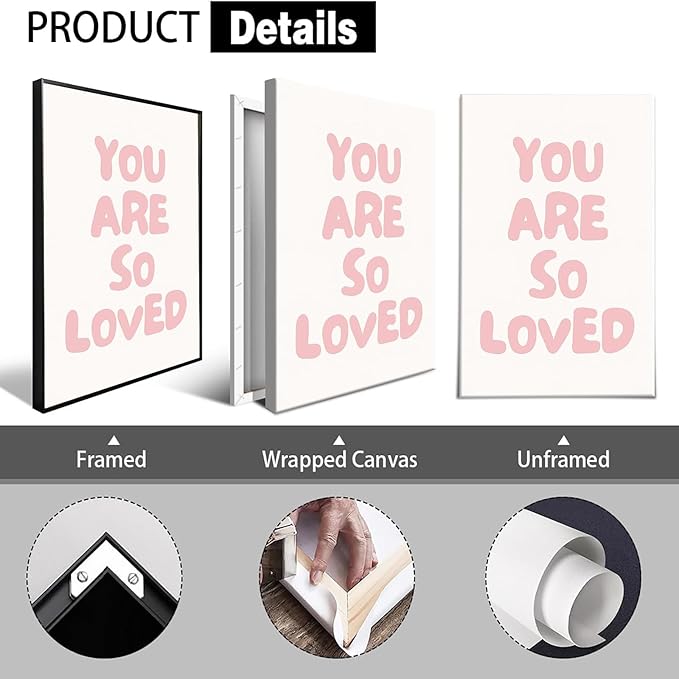 Inspirational Affirmation Quote Wall Art Trendy You Are So Loved Posters Modern Minimalist Picture Cute Pink Girl Room Wall Decor For Dorm Apartment Bedroom Aesthetic 24x36in Framed