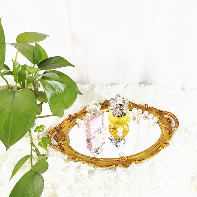 Oval Decorative Mirror Tray, French Style, Makeup Organizer, Jewelry Organizer, Serving Tray, 9.8"x 14.6", Gold