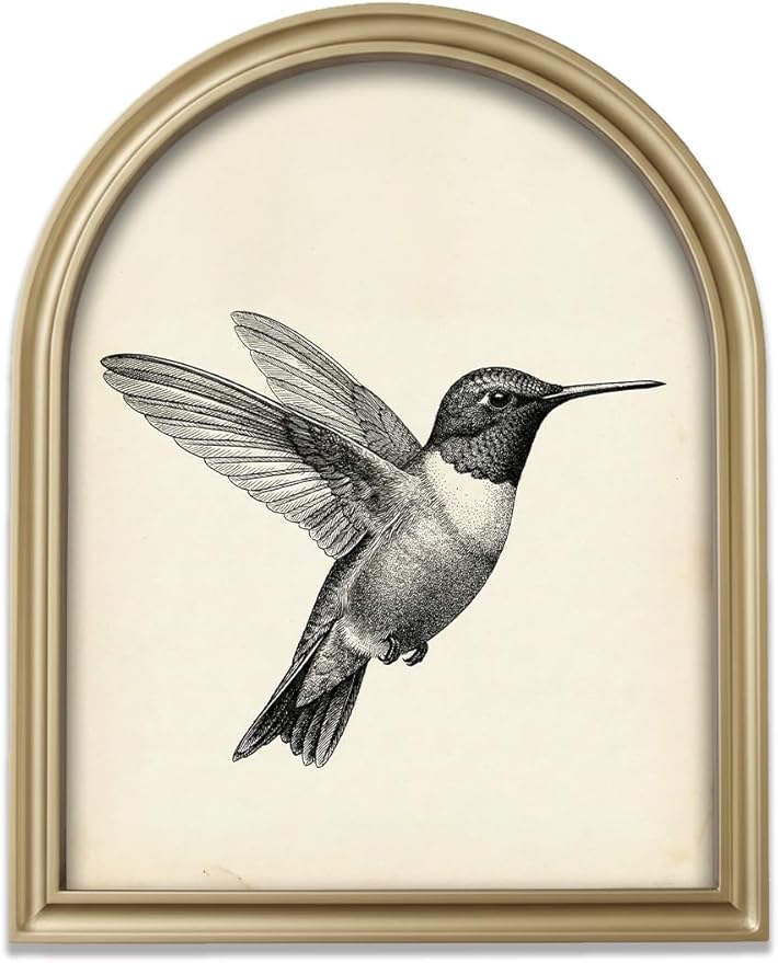 TwoDays Gold Vintage Hummingbird Arched Wood Framed Wall Art – Nature Bird Canvas Picture for Home Aesthetic Wall Decor, Cottagecore Farmhouse Artwork Prints for Living Room, Bedroom (11" x 13.8")
