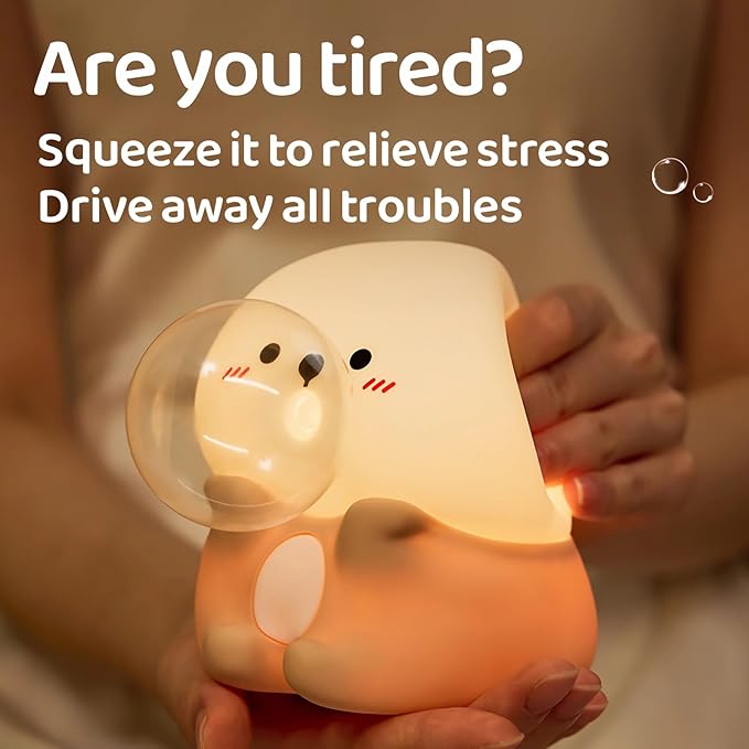 Bubble Blowing Otter Night Light, 3-Level Dimmable USB Rechargeable Lamp with Timer, Soothing Animal Toy for Nursery Bedroom Dorm Decor, Gift for Boys Girls Teens Adults