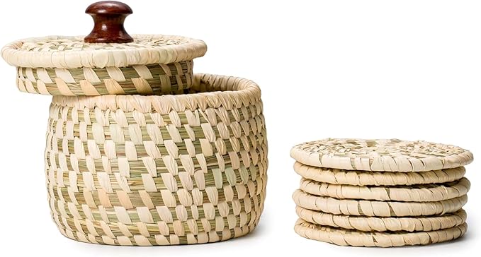Handwoven Sabai Grass Coaster Set with Holder – Set of 6 Natural Eco-Friendly Drink Coasters, Absorbent Table Protectors with Storage Basket & Lid – Rustic Home Décor