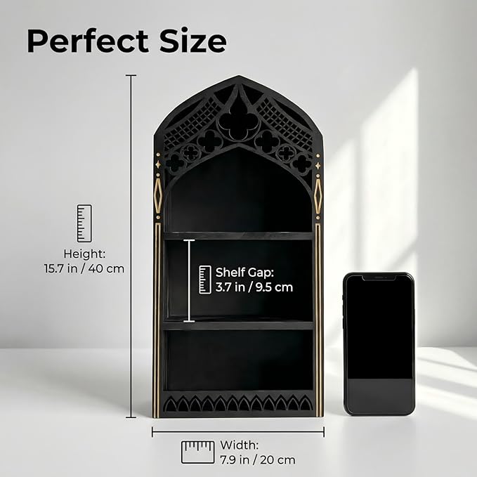 Gothic Window Crystal Display Shelf, 1.96" Deep Wooden Wall Mounted Gemstone Crystal Holder, Witchy Decor Trinket Organizer for Healing Stones -2026 Upgraded (Window-7.9" W x 15.7" H)