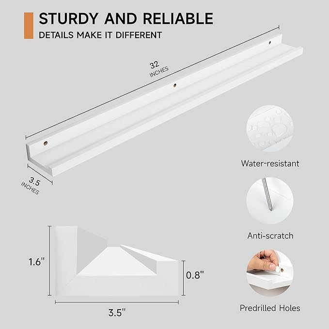 Fun Memories Picture Ledge Shelf, 32 Inch Floating Shelves Set of 2, Large Nursery Book Shelves for Toys Storage, Kids Bookshelf Wall Mounted for Wall Decor Books Photo Frames, White