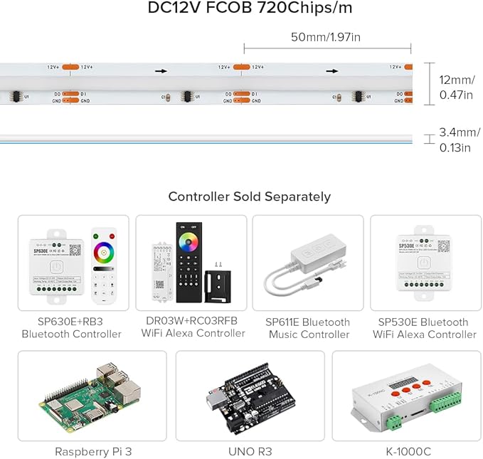 BTF-LIGHTING FCOB WS2811 IC RGB COB LED Strip DC12V 720LED/m 3.2FT Flexible High Density Uniform Chasing Color Light 20IC/m 12mm Width Light for Home Indoor Decor(No Adapter or Controller)