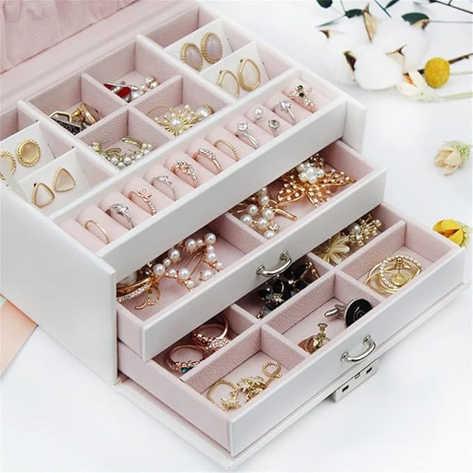 Multifunctional Ring,Leather Jewelry Box Organizer, Necklace, and Makeup Display Case, Large Jewelry Storage Box for Rings, Earrings, Bracelets, and Cuffs, 13.5x18.3x11.5cm