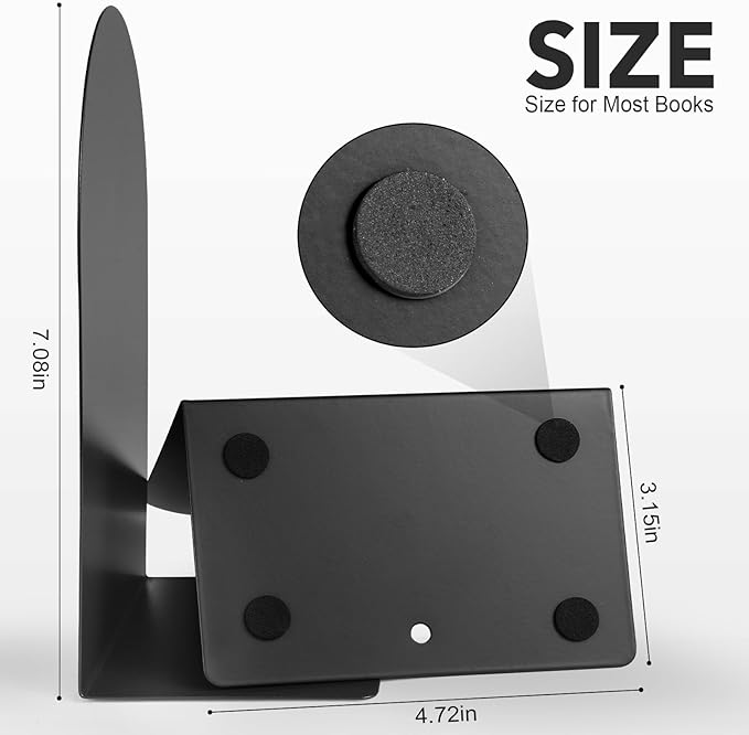 Metal Book Ends for Shelves - 8Pcs Bookends for Heavy Books Non-Skid Decorative Book Stopper to Hold Books/CDs for Home Office School and Desktop Organizer, Black