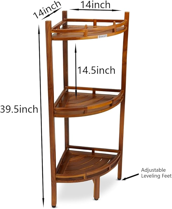 TeakCraft Teak Corner Shower Shelf, 3 Tier, 14Wx14Lx39.5H inches, Fully Assembled, The OM