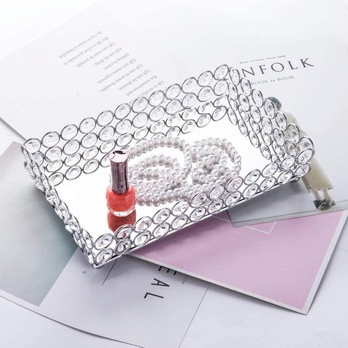 Feyarl Crystal Perfume Tray Cosmetic Makeup Vanity Tray Jewelry Trinket Rings Earrings Organizer Decorative Tray Storage for Home Deco Wedding Dresser Coffee Tabletop Girl Women Gift(10" x 6 "Silver)