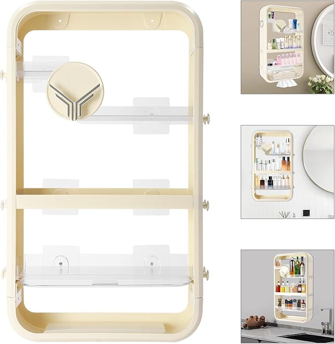 4 Tier Makeup Organizer Bathroom Storage Organizer Wall Mounted for Vanity Perfume Organizers Hangable Cosmetic Organizer Display Cabinet Skincare Storage Rack,Beige and Transparent