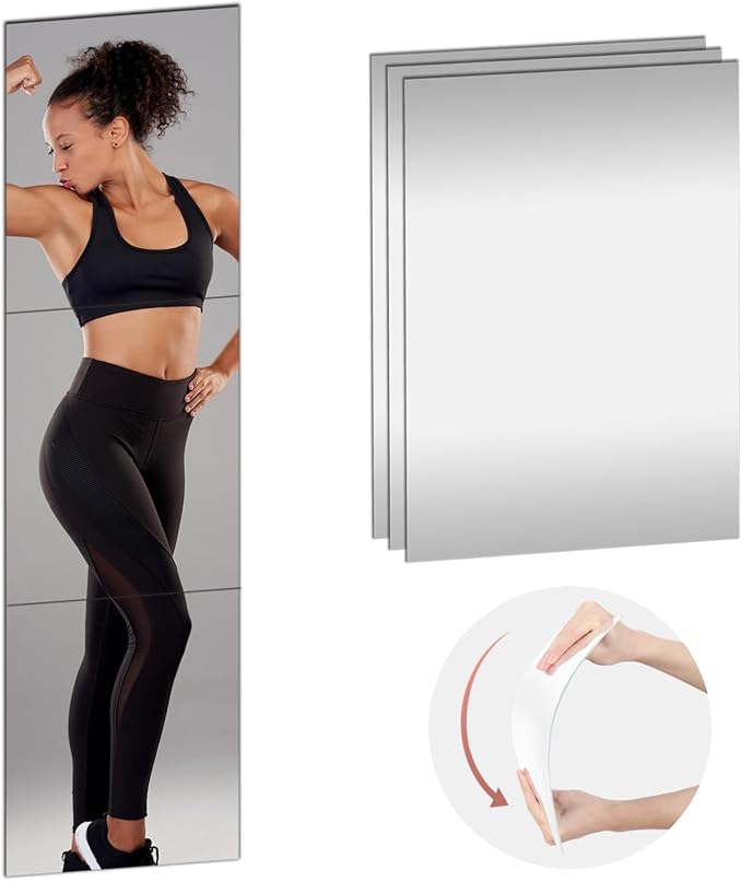 3PCS Mirrors Tiles 18" L x 12" W Gym Mirrors Wall Mounted Mirror Bendable Acrylic Frameless Full Length Mirror Tiles for Home Gym Bedroom Door & Bathroom