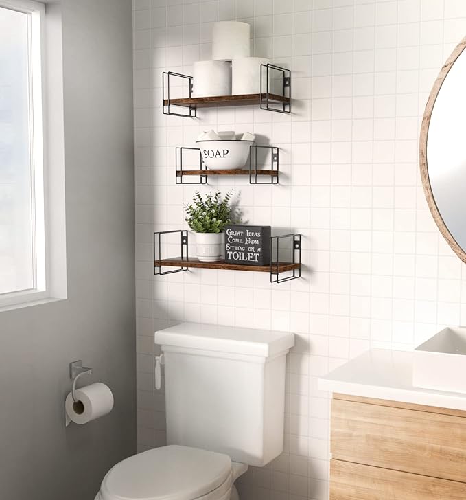 J JACKCUBE DESIGN Torched Wood Floating Shelves, Set of 3 Wall Mounted Hanging Shelves with Black Wire Frames for Bedroom. Living Room, Kitchen, Bathroom and Office - MK696B