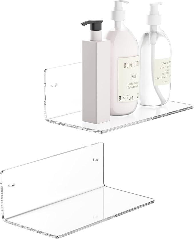 Sezanrpt 8 Inch Clear Shelf for Wall, Acrylic Small Floating Shelf, Home Wall Shelf Organizer for Room Storage, Room Décor, Space Saving, 4'' Depth, 2 Pack