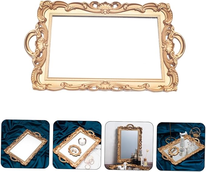 Cabilock Retro Mirror Makeup Tray Gold Rectangular Plastic Cosmetic Storage Plate Perfume Organizer Vanity Decorative Tray for Home and Dressing Table