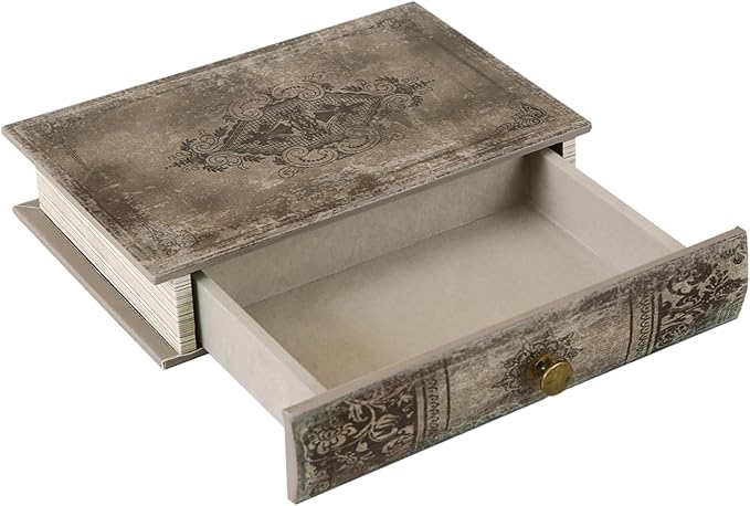 Vintage Book-Shaped Storage Box with Drawer, Distressed Vintage Brown Faux Leather Finish and Gothic Medallion Motif, Decorative Hidden Organizer for Home or Office 7″ x 5″ x 1.6″