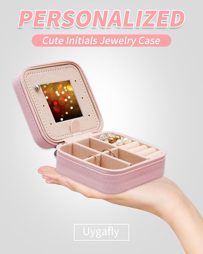 Uygafly Personalized Jewelry Case for Women Girls - Fashion Mini Jewelry Boxes - Trendy Travel Jewelry Organizer with Initials Letter - Teen Gifts | Pink,F