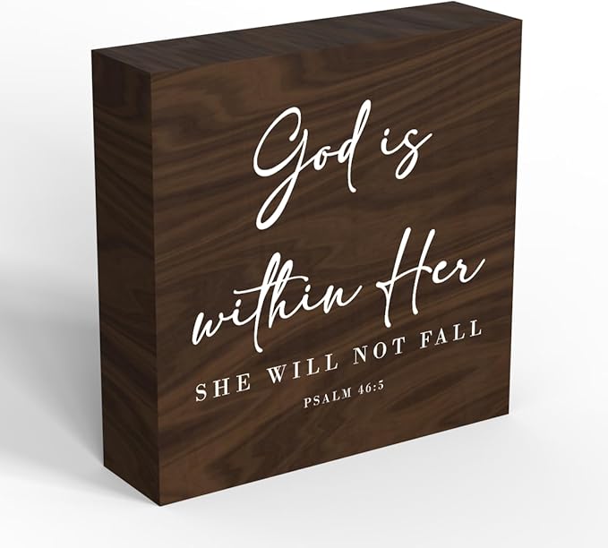 God Is Within Her Bible Verse Artwork Wooden Box Sign Rustic Farmhouse Style Psalm 46:5 Christian Wood Block Plaque 5x5 Inches Home Office Desk Decor for Gifts