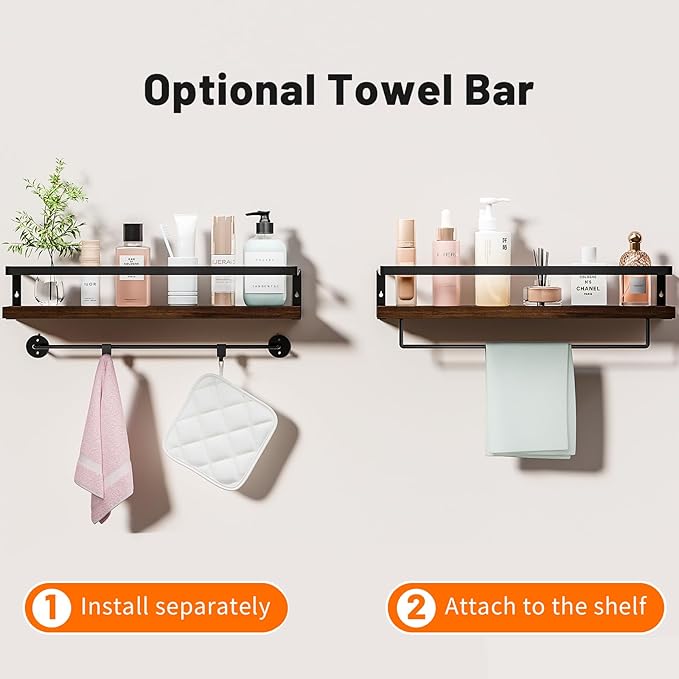 Bathroom Shelves with Towel Bar,Floating Shelves for Bathroom, Kitchen, Bedroom, Paulownia Wood, Matte Black Metal Frame - Set of 2 (Rustic Brown)