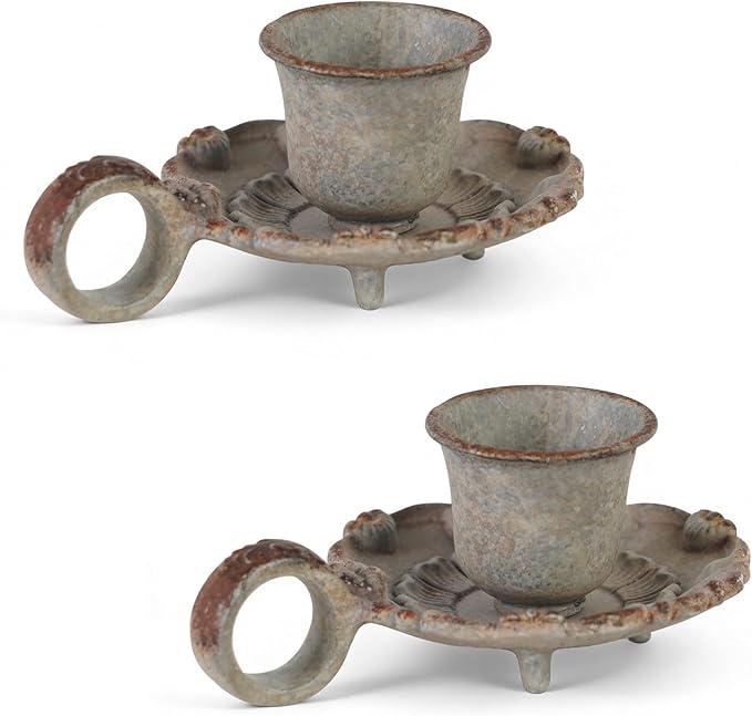 NIKKY HOME Mini Taper Candle Holders Set of 2, Rustic Metal Candlestick for Table Centerpieces, Wedding Decor and Dinner Party, Grey