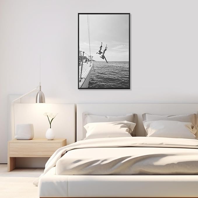 Retro Black And White 80s Trendy Wall Art Black And White Women Jumping Into Water Poster Summer Ocean Jump Sail Boat Yacht Wall Decor For Girl Room Beach Lovers Life 8x12in Framed
