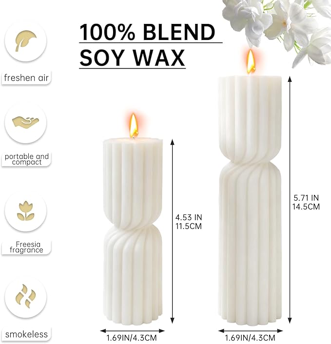 Set of 2 Ribbed Pillar Candles Handmade Soy Wax Scented Ribbed Candles,Hourglass Pillar Candle,Wax Elegant Bubble Natural Aesthetic Candle Housewarming Gift Home Room Shelf Decor Idea(White)