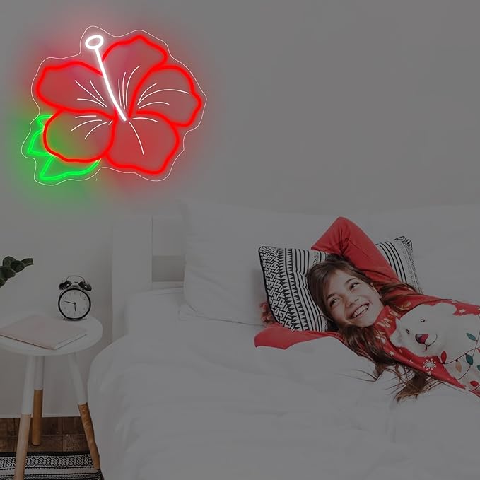 Hibiscus Neon Sign Hibiscus Flower Neon Light Hawaii Floral Neon Light Tropical Flower Sign Home Wall Art Decoration, 15"x12", Red