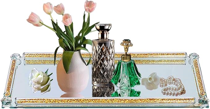 Glass Perfume Tray, 13.8" x 5.9" Golden Crystal Mirror Perfume Tray for Vanity Jewelry Trinket Cosmetic Makeup Display Serving Trays for Dresser Crushed Diamond Home Decor Countertop Organizer