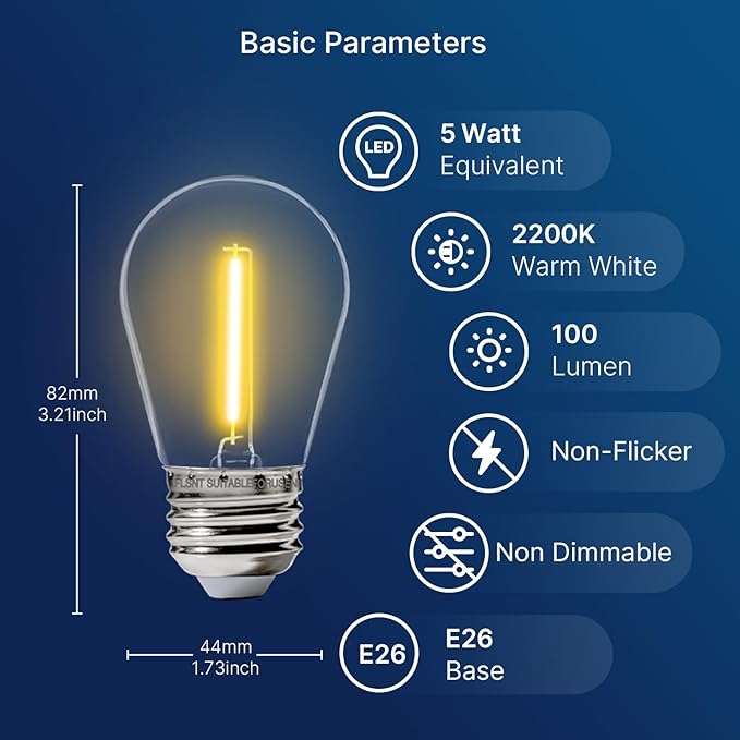 FLSNT 15 Pack Outdoor LED Replacement Bulbs for String Light, S14 LED Hanging Light Bulbs for Patio, Garden, E26 Base, 2200K Warm White, Non-Dimmable