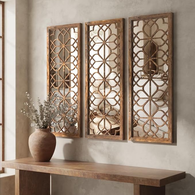 Set of 2 16x41.5 Inch Large Carved Floral Wood Frame Wall Mirrors, Shatterproof Boho Farmhouse Rustic Accent Mirrors for Living Room, Bedroom, Bathroom, Entryway & Home Wall Decor （Redbrown）