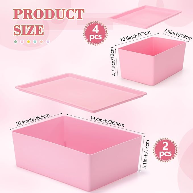 Menkxi 6 Pcs Large and Small Plastic Storage Bins with Lids 14.4 x 10.4 x 5.1 Inch Stackable Storage Containers Decorative Cubby Organizer for Clothes Shelves Garage Closet Office(Pink)