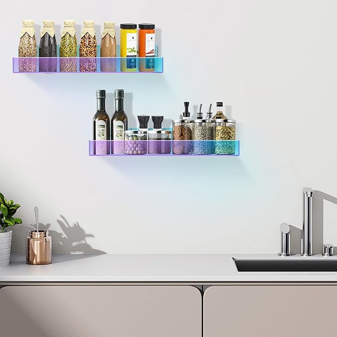 TLBTEK 2 Pcs 15 inch Iridescent Rainbow Floating Shelves,Colorful Acrylic Irridescent Floating Shelves Wall Mounted Storage for Bathroom, Bedroom, Living Room, Kitchen (Without Edge)