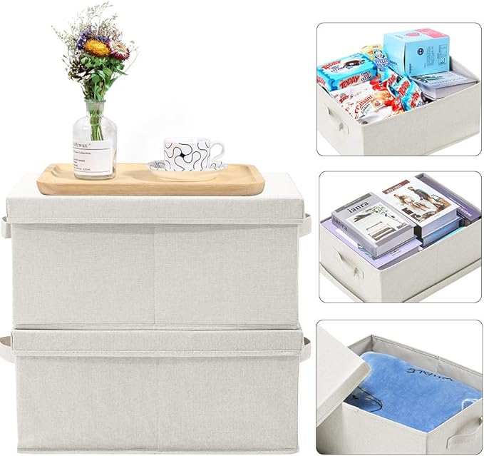 HOONEX Foldable Storage Bins with Lids, 2 Pack, Storage Boxes with Carrying Handles and Sturdy Heavy Cardboard, 16.5" L x 11.8" W x 7.5" H for Shoes, Books, Clothes, Beige