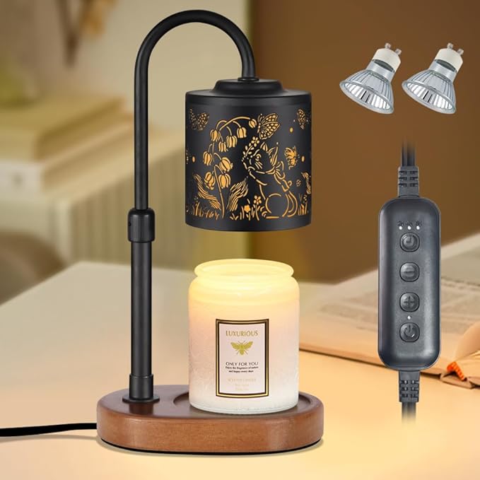 Dimmable Candle Warmer Lamp with Timer Adjustable Height for Scented Jar Candles Electric Candle Wax Melt Warmer for Home Decor Christmas Birthday Gifts for Women Mom(Butterfly+Cat)