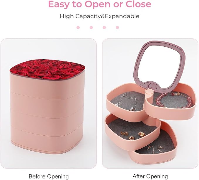 Valentineheader4-Layer Rotating Jewelry Organizer Box, 360° Rotatable ABS Storage for Rings, Earrings, Necklaces, Watches, Makeup Tools with Mirror, Compact & Portable Gift for Women