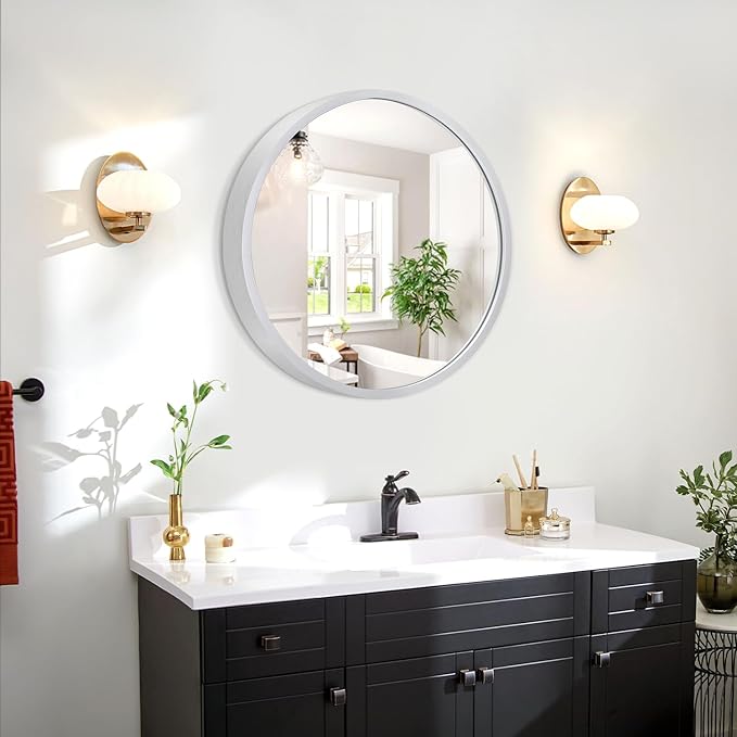 JJUUYOU Round Wall Mirror 16 Inch Metal Circle Wall Mirror for Bathroom Silver Circular Mirror Washroom Wall Mounted Make up Mirror for Living Room, Bedroom Dorm
