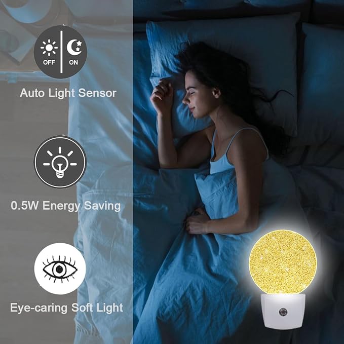 Gold Glitter Shine Night Light Plug-in Sleep Lamp Led Dusk to Dawn Night Light for Bedroom