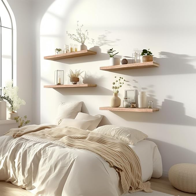 GXYAWPJ Light Wood Floating Shelves for Wall Rustic Wall Shelves for Bedroom Set of 6