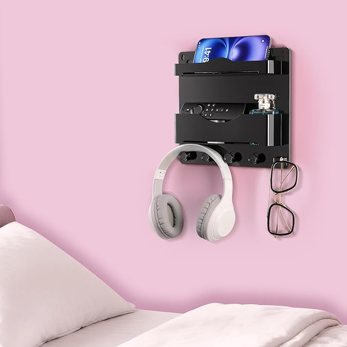 JUMEIHUI Bedside Wall Shelf with Glasses Hooks ，Adhesive Bedside Organizer Wall Mount for Dorm and Room Accessories Phone，Remote，Earphone， Kindle (Black)
