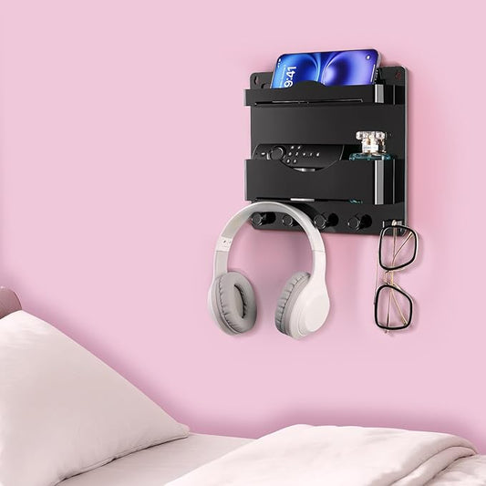 JUMEIHUI Bedside Wall Shelf with Glasses Hooks ，Adhesive Bedside Organizer Wall Mount for Dorm and Room Accessories Phone，Remote，Earphone， Kindle (Black)